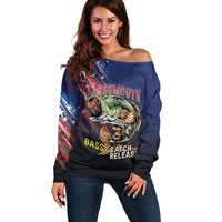 Personalized Largemouth Bass Fishing Off Shoulder Sweater American Flag