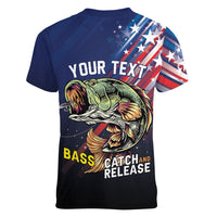 Personalized Largemouth Bass Fishing Women V-Neck T-Shirt American Flag
