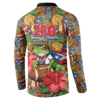 Patriotic Coqui Frog Football Button Sweatshirt 250 Years of Freedom Puerto Rico Flag Stand
