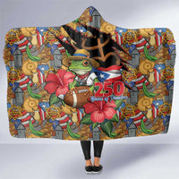 Patriotic Coqui Frog Football Hooded Blanket 250 Years of Freedom Puerto Rico Flag Stand