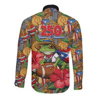 Patriotic Coqui Frog Football Long Sleeve Button Shirt 250 Years of Freedom Puerto Rico Flag Stand