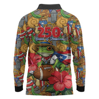 Patriotic Coqui Frog Football Long Sleeve Polo Shirt 250 Years of Freedom Puerto Rico Flag Stand