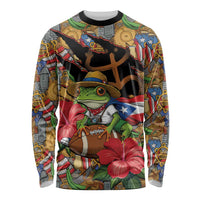 Patriotic Coqui Frog Football Long Sleeve Shirt 250 Years of Freedom Puerto Rico Flag Stand