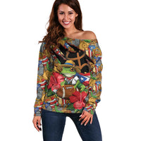 Patriotic Coqui Frog Football Off Shoulder Sweater 250 Years of Freedom Puerto Rico Flag Stand