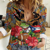 Patriotic Coqui Frog Football Women Casual Shirt 250 Years of Freedom Puerto Rico Flag Stand
