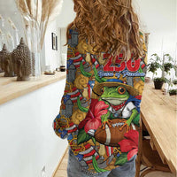 Patriotic Coqui Frog Football Women Casual Shirt 250 Years of Freedom Puerto Rico Flag Stand