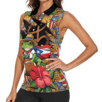 Patriotic Coqui Frog Football Women Sleeveless Polo Shirt 250 Years of Freedom Puerto Rico Flag Stand
