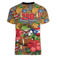 Patriotic Coqui Frog Football Women V-Neck T-Shirt 250 Years of Freedom Puerto Rico Flag Stand