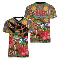 Patriotic Coqui Frog Football Women V-Neck T-Shirt 250 Years of Freedom Puerto Rico Flag Stand