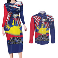 Personalized American Grown With Filipino Roots Couples Matching Long Sleeve Bodycon Dress and Long Sleeve Button Shirt
