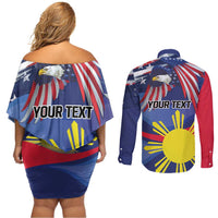 Personalized American Grown With Filipino Roots Couples Matching Off Shoulder Short Dress and Long Sleeve Button Shirt