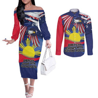 Personalized American Grown With Filipino Roots Couples Matching Off The Shoulder Long Sleeve Dress and Long Sleeve Button Shirt