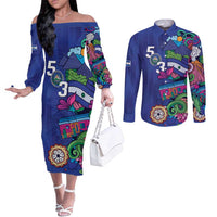 El Salvador Couples Matching Off The Shoulder Long Sleeve Dress and Long Sleeve Button Shirt Beauty Local Inspired - Wonder Print Shop