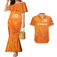 Orange mermaid dress with ruffled off-shoulder and matching orange button-up shirt