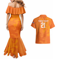 Orange off-shoulder mermaid dress with matching orange shirt back: YOUR TEXT 21
