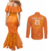 Orange mermaid dress and button shirt set, back shows 'YOUR TEXT 21'