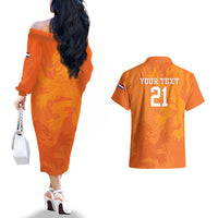 Custom Netherlands Soccer Couples Matching Off The Shoulder Long Sleeve Dress and Hawaiian Shirt Nederlands Vrouwenvoetbalelftal Go World Cup 2023 LT9 - Wonder Print Shop