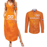 Orange soccer-style maxi dress with printed Netherlands front; long-sleeve button shirt