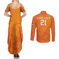 Back view of orange maxi dress and long-sleeve button shirt with custom text and number