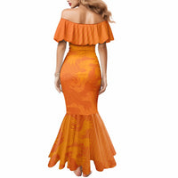 Orange off-shoulder mermaid dress with flutter sleeves and lion-pattern back