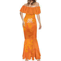 Orange off-shoulder mermaid dress with 00 NETHERLANDS logo and long fitted skirt