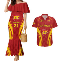 Red off-shoulder mermaid dress with Spain 21 La Roja print; red short-sleeve shirt