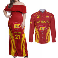 Custom Spain Soccer Couples Matching Off Shoulder Maxi Dress and Long Sleeve Button Shirts Go World Cup 2023 Sporty Style LT9 - Wonder Print Shop