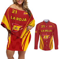 Custom Spain Soccer Couples Matching Off Shoulder Short Dress and Long Sleeve Button Shirts Go World Cup 2023 Sporty Style LT9 - Wonder Print Shop