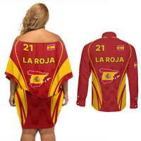 Custom Spain Soccer Couples Matching Off Shoulder Short Dress and Long Sleeve Button Shirts Go World Cup 2023 Sporty Style LT9 - Wonder Print Shop