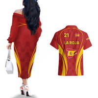 Custom Spain Soccer Couples Matching Off The Shoulder Long Sleeve Dress and Hawaiian Shirt Go World Cup 2023 Sporty Style LT9 - Wonder Print Shop