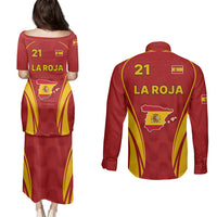 Custom Spain Soccer Couples Matching Puletasi Dress and Long Sleeve Button Shirts Go World Cup 2023 Sporty Style LT9 - Wonder Print Shop