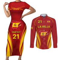 Custom Spain Soccer Couples Matching Short Sleeve Bodycon Dress and Long Sleeve Button Shirts Go World Cup 2023 Sporty Style LT9 - Wonder Print Shop
