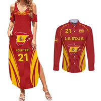 Red maxi dress and long-sleeve button shirt set with LA ROJA 21 graphic