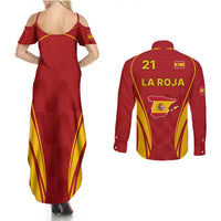 Red maxi dress and long-sleeve button shirt set with back LA ROJA 21 graphic