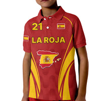 Kids red Spain soccer polo, button collar, 'LA ROJA' crest and number 21.
