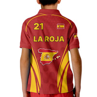 Kids red Spain soccer polo back, button collar, 'LA ROJA' crest and number 21.