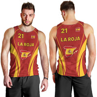 Men's red Spain soccer tank top with yellow trim, 21 and LA ROJA, front and back