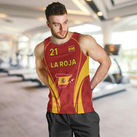 Men's red Spain soccer tank top with yellow trim, 21, LA ROJA and Spain emblem