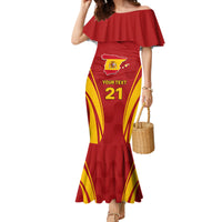 Red off-shoulder mermaid dress with yellow wave graphic and Spain crest, flared hem
