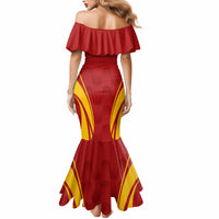 Red off-shoulder mermaid dress with yellow swoosh panels and flared ruffle hem