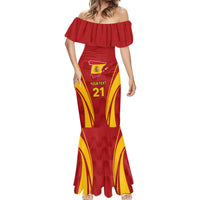 Red off-shoulder mermaid dress with Spain crest and 21 graphic, flared hem