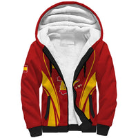 Red sherpa zip hoodie with white lining, black trim, Spain crest and graphics