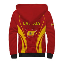 Red sherpa hoodie back view with yellow swirl Spain emblem and black knit cuffs/hem