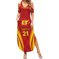 Red Spain soccer maxi dress, off-shoulder, crest, LA ROJA and #21
