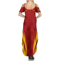 Red Spain soccer maxi dress, off-shoulder, yellow side wave stripes (back view)
