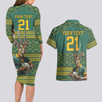 Custom South Africa Rugby Bokke Mascot Couples Matching Long Sleeve Bodycon Dress and Hawaiian Shirt With Flag Style LT9 - Wonder Print Shop