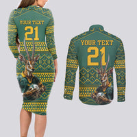 Custom South Africa Rugby Bokke Mascot Couples Matching Long Sleeve Bodycon Dress and Long Sleeve Button Shirt With Flag Style LT9 - Wonder Print Shop