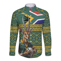 Custom South Africa Rugby Bokke Mascot Long Sleeve Button Shirt With Flag Style - Wonder Print Shop