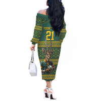 Custom South Africa Rugby Bokke Mascot Off The Shoulder Long Sleeve Dress With Flag Style - Wonder Print Shop
