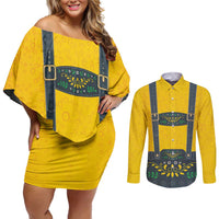 Lederhosen Oktoberfest Couples Matching Off Shoulder Short Dress and Long Sleeve Button Shirt Bavarian Beer Time - Wonder Print Shop